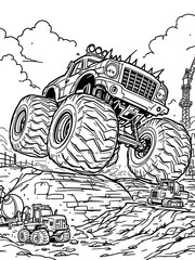 Monster Truck Coloring Page Line Art Vector Illustration