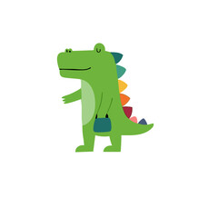 A cheerful, cartoonish green crocodile-like creature with a rainbow-colored spiky tail and a teal-colored bag