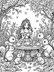 Princess Tea Party with Rabbits Coloring Page Black and White Detailed