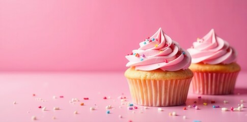 Delicate pink cupcakes with colorful sprinkles on a matching pink backdrop , cute, sugar