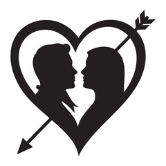 Silhouette of couple inside a heart pierced by an arrow representing love and romance