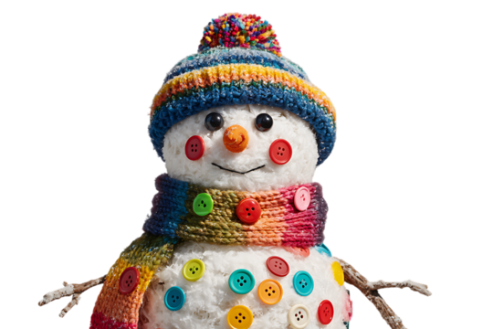 Cheerful snowman with colorful buttons and hat