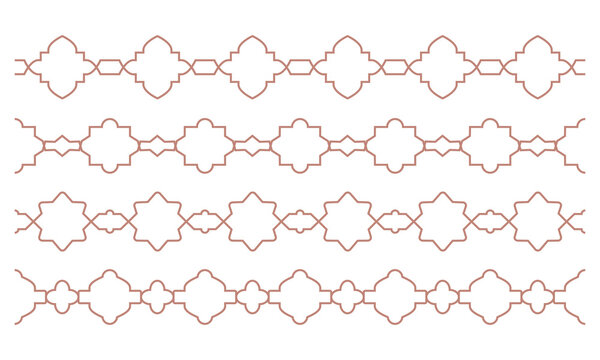Oriental ceramic tile line arabic grid borders. Simple geometric outline boho seamless patterns with geometric decorative elements