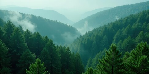 Fototapeta premium Dense evergreen canopy shrouded in mist, aerial view , woods, drone