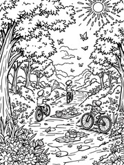 Kids Biking in Park with Kite Picnic Line Art Black and White Illustration