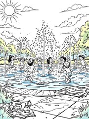 Children Playing in Fountain Illustration Summer Fun and Recreation