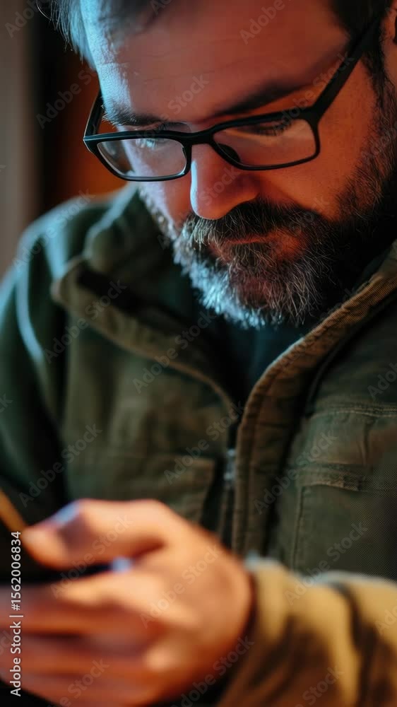 Poster a man in a jacket using a cell phone, possibly reading or texting.
