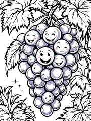 Happy Smiling Grapes on Vine Line Art Illustration for Coloring Book