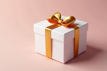 Obraz premium Elegant white gift box with golden ribbon bow , glossy, present, product