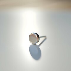 A single polished silver stud earring with a round flat top casting a soft shadow on a bright white surface