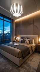Stylish and cozy bedroom with a comfortable bed, modern lighting, and a bedside table creating a warm and inviting ambiance.