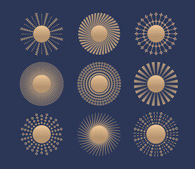Luxury summer circle sunburst, bohemian sun designs. Vintage sunbeam line vector set