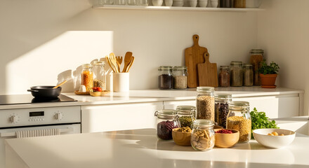 A minimalist kitchen with sustainable bamboo utensils and jars of organic ingredients, bright natural light.ai