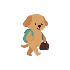 Cute cartoon dog carrying a backpack and briefcase