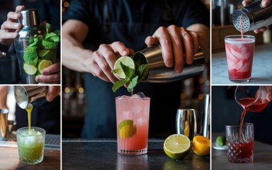 A collage of images showcasing the art of crafting various alcoholic cocktails, featuring mixing, pouring, garnishing, and vibrant drink presentations.