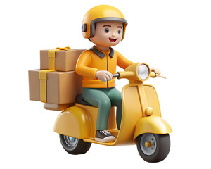 Friendly 3d cartoon delivery person riding a yellow scooter with packages isolated on transparent background