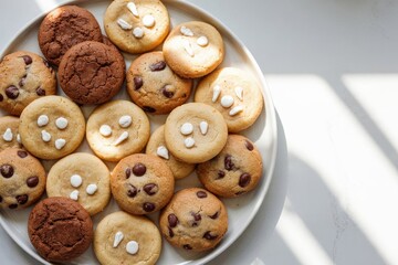 An overhead view of assorted cookies on a plate, showcasing their variety of shapes, colors, and textures.
