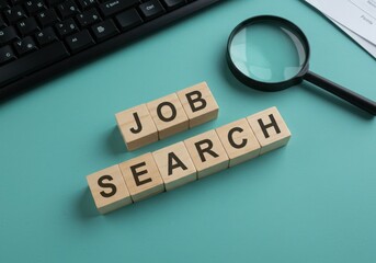 Wooden blocks spelling out job search are placed next to a magnifying glass and a keyboard on a teal background