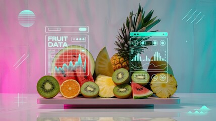 Colorful fruit display with digital data visuals on modern background  