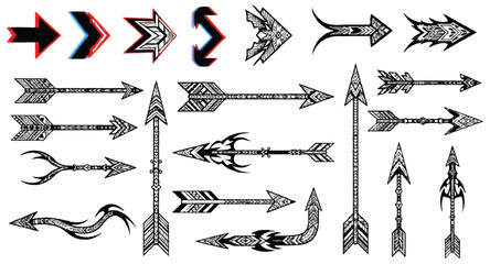 Set of decorative tribal arrow illustrations on white background