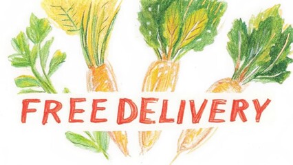 Colored pencil Hand-drawing of A colorful illustration of fresh vegetables with the bold text 'Free Delivery' showcasing farm-to-table services.