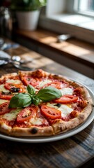 A large Italian pizza sits on a rustic wooden table in a cozy restaurant, steaming and fresh from the oven.