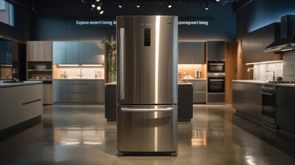 Refrigerator in the showroom foreground, surrounded by modern kitchen appliances, bright lighting, clean and spacious environment.