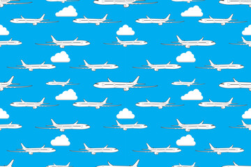 Seamless pattern of airplanes flying background with blue sky and clouds drawing in colorful vector