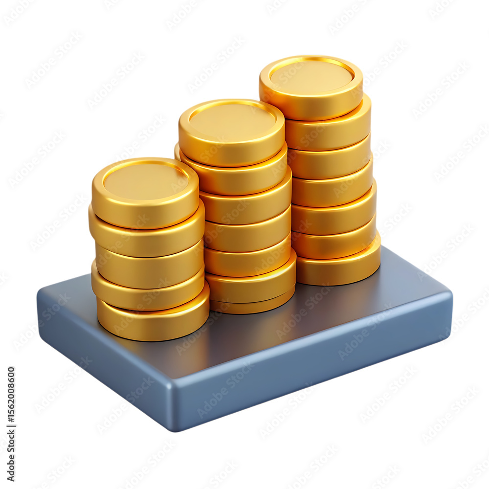 Poster three stacks of golden coins arranged in ascending order on a grey platform isolated on transparent 