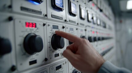 A closeup view of a ships control panel that regulates the air conditioning system featuring various knobs and digital displays with a technicians hand adjusting temperature settings