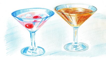 Colored pencil Hand-drawing of A colorful illustration showcasing two elegant cocktail glasses filled with vibrant drinks. Isolate on white background