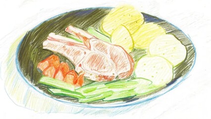 Colored pencil Hand-drawing of A colorful plate featuring delicious pork chop, fresh vegetables, and perfect presentation for gourmet cuisine.