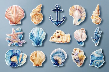 Nautical watercolor stickers set featuring anchor, seashells, and ocean elements for creative design. High quality