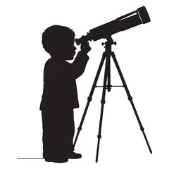 Young child silhouette observing the stars through a telescope concept of astronomy and exploration