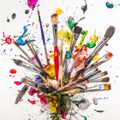 Obraz premium Art supplies explosion - paintbrushes, watercolors, scissors in mid-air against white