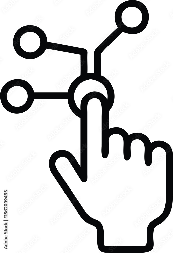 Poster line art hand touching a node with connections, network, data and tech concept