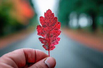Close view of hand holding red leaf