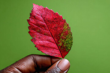 Close view of hand holding red leaf