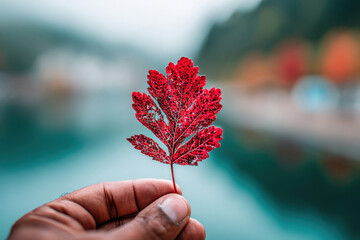 Close view of hand holding red leaf