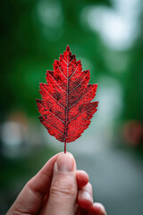 Close view of hand holding red leaf