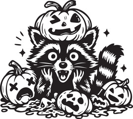 funny autumn raccoon with pumpkins