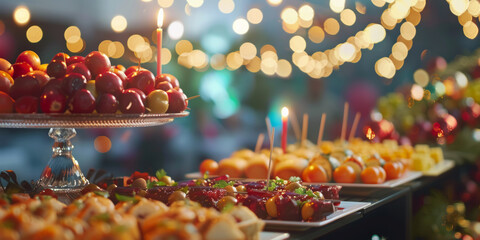 Catering buffet table with a variety of dishes, business people in the background, festive atmosphere, low depth of field, vibrant colors.