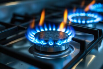 Kitchen gas stove burning with a blue flame.