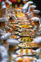 A group of detailed miniature people chefs engaged in catering buffet.