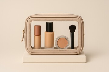 Elegant Makeup Set Display in Minimalist Transparent Cosmetic Bag Mockup
