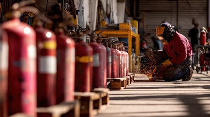 A welder prepares for a hot work task by setting up a designated welding area surrounded by fire extinguishers while a colleague checks smoke detection systems.