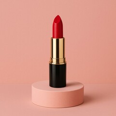 Elegant Red Lipstick on Pink Pedestal - Minimalistic Makeup Mockup