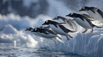 A group of playful penguins jumping into the ocean, splashing water, showcasing wildlife behavior, natural habitat, energetic movement, perfect for nature and animal themes.