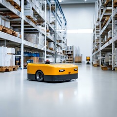 Warehouse automation robot navigating white floor with white background