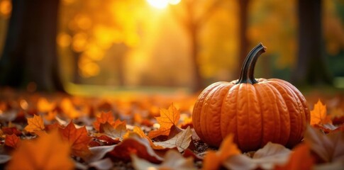 Sun-drenched pumpkins nestled amongst fiery autumn leaves; tranquil fall ambiance , fall colors, october, birch